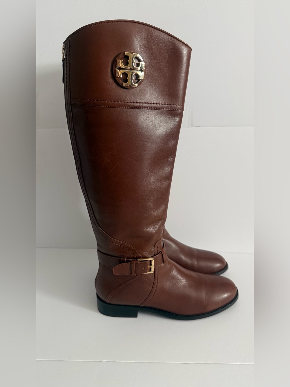 Tory Burch Brown Leather Tall Riding Boots with Gold Logo size 8.5